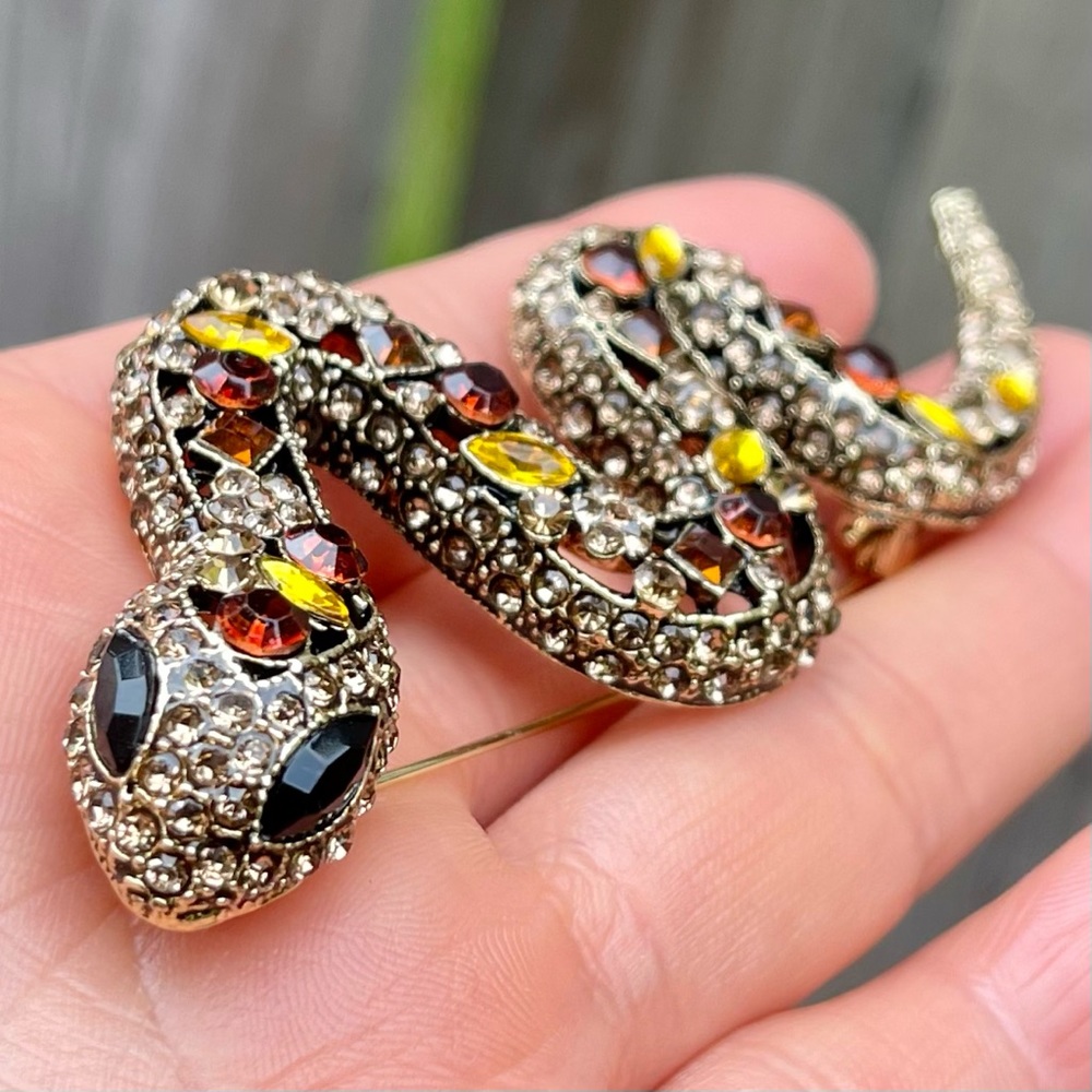 Large Snake brooch snake pin rhinestone snake brooch snake lover gift-Brown